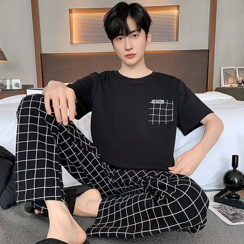 Men O-neck Cotton Short Sleeved Plaid Pajamas Pants