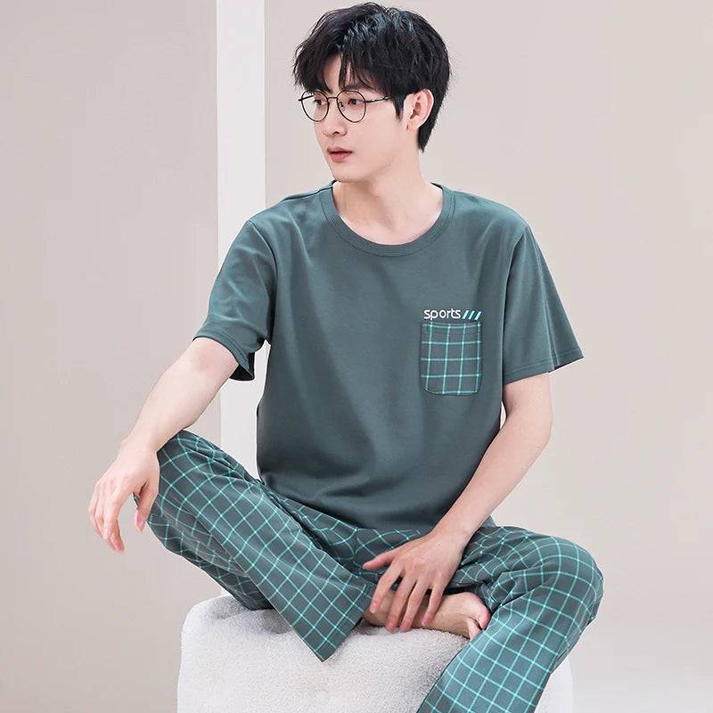 Men O-neck Cotton Short Sleeved Plaid Pajamas Pants