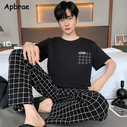 Men O-neck Cotton Short Sleeved Plaid Pajamas Pants