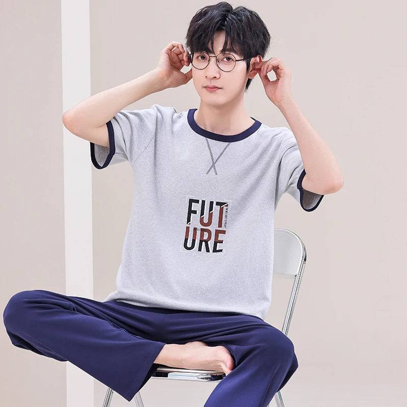 Men O-neck Cotton Short Sleeved Plaid Pajamas Pants