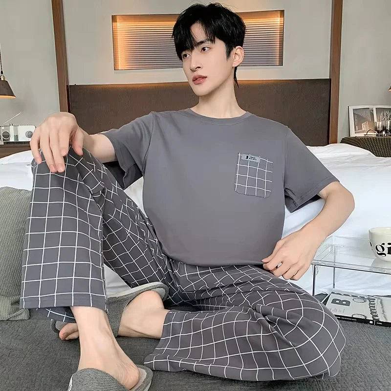 Men O-neck Cotton Short Sleeved Plaid Pajamas Pants