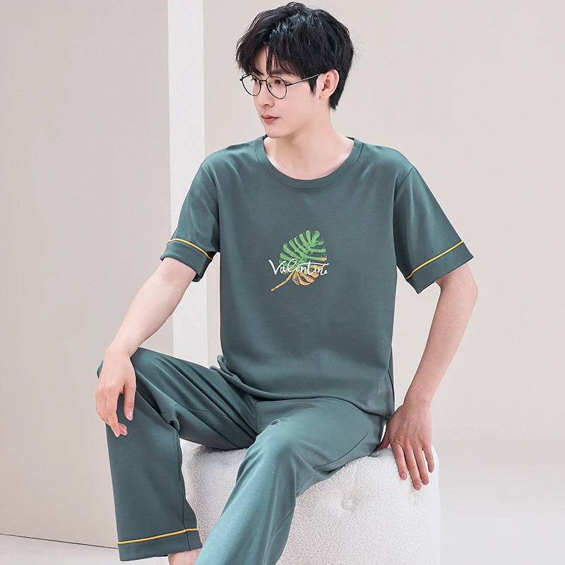 Men O-neck Cotton Short Sleeved Plaid Pajamas Pants