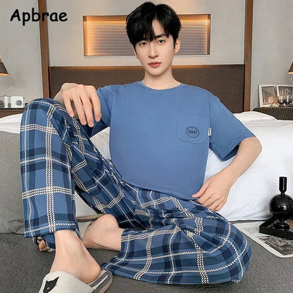 Men O-neck Cotton Short Sleeved Plaid Pajamas Pants