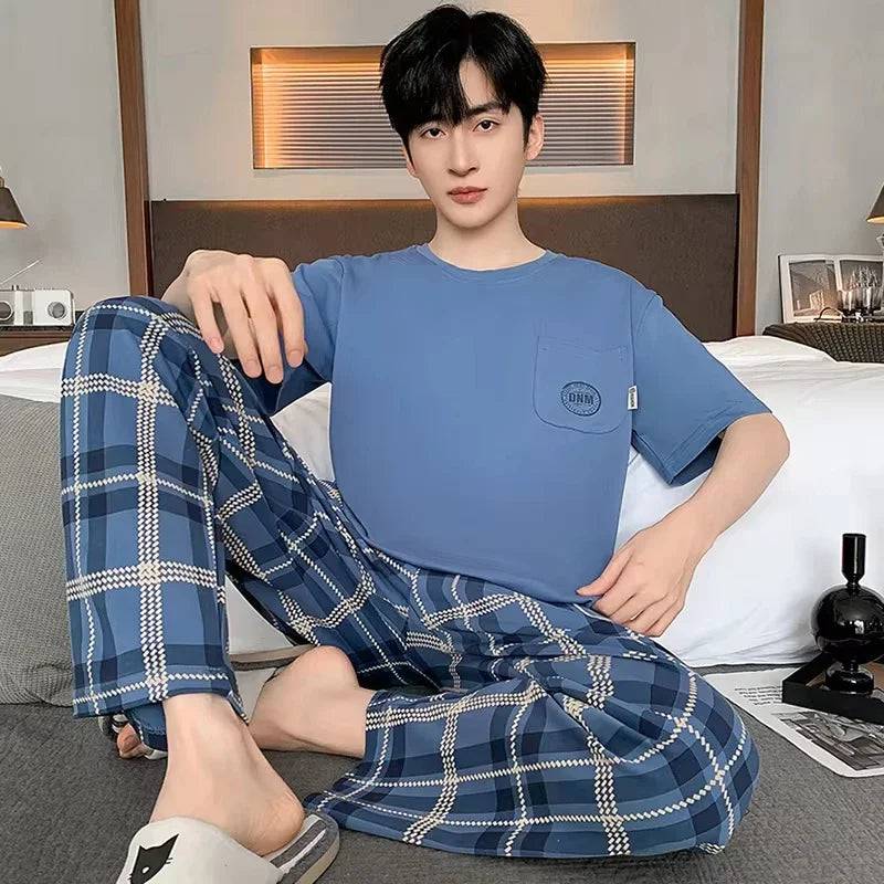 Men O-neck Cotton Short Sleeved Plaid Pajamas Pants