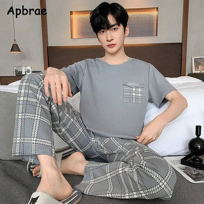 Men O-neck Cotton Short Sleeved Plaid Pajamas Pants