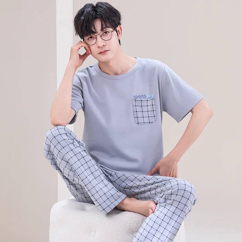 Men O-neck Cotton Short Sleeved Plaid Pajamas Pants