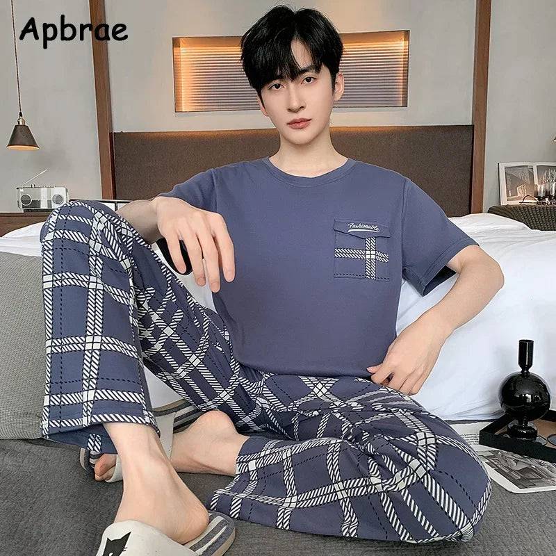 Men O-neck Cotton Short Sleeved Plaid Pajamas Pants