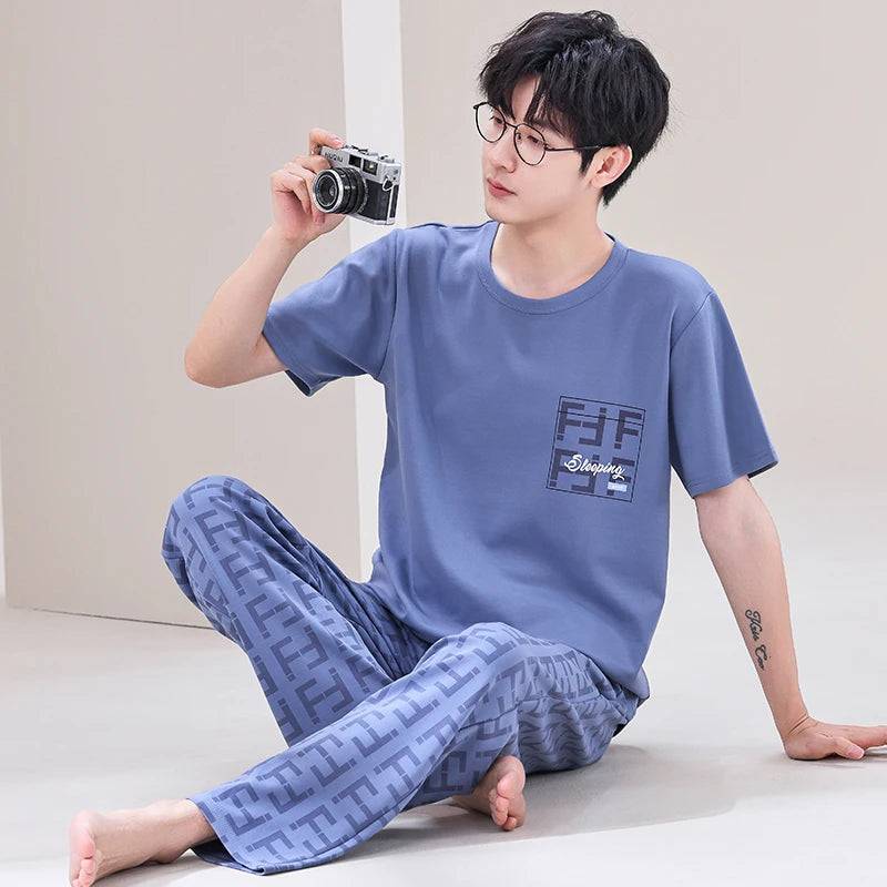 Men O-neck Cotton Short Sleeved Plaid Pajamas Pants