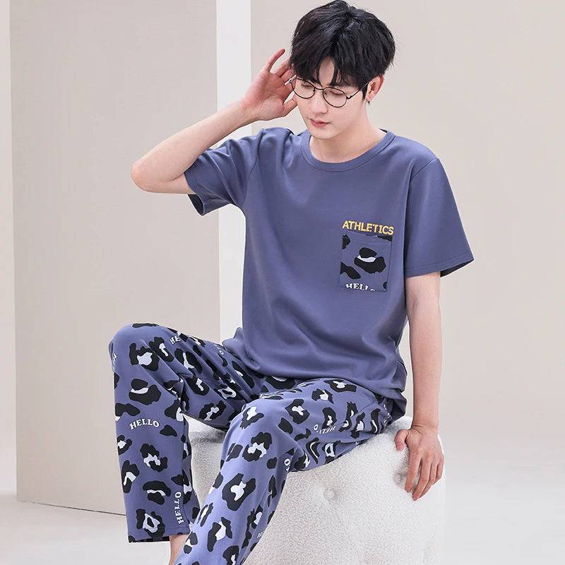 Men O-neck Cotton Short Sleeved Plaid Pajamas Pants