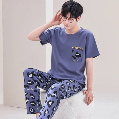 Men O-neck Cotton Short Sleeved Plaid Pajamas Pants