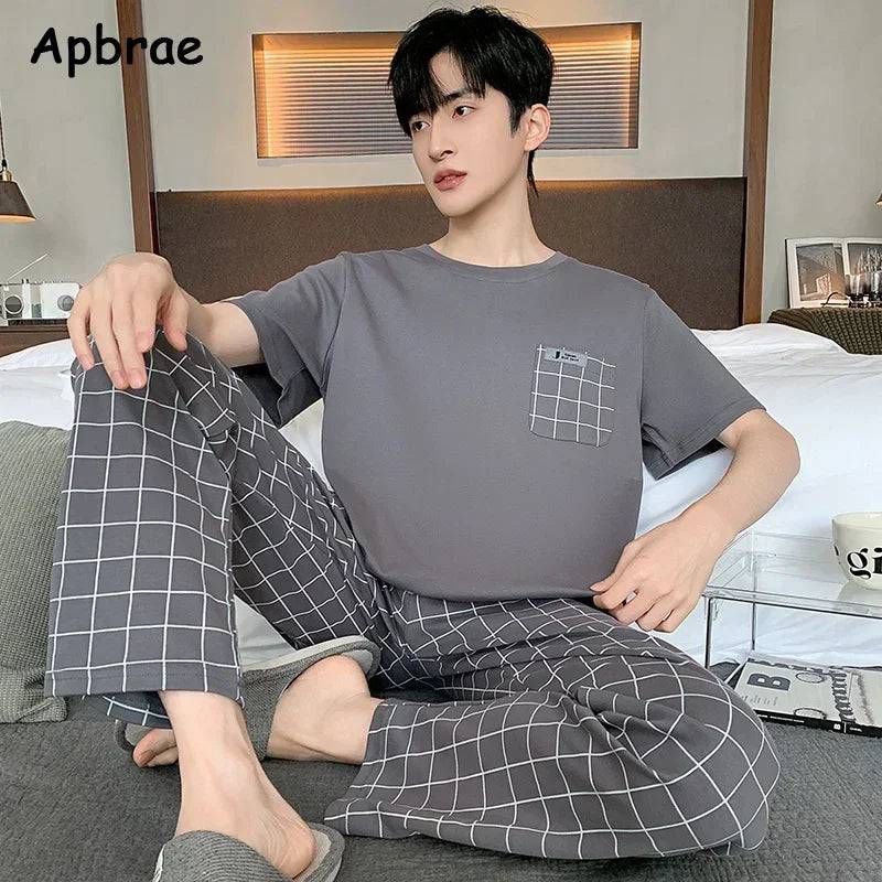 Men O-neck Cotton Short Sleeved Plaid Pajamas Pants