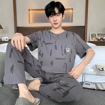 Men O-neck Cotton Short Sleeved Plaid Pajamas Pants