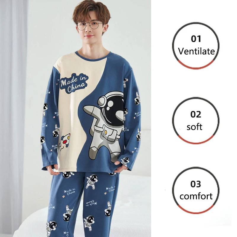 Men Pajamas Long-Sleeved Loose Leisure 2PCS/Set