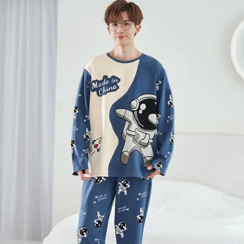 Men Pajamas Long-Sleeved Loose Leisure 2PCS/Set