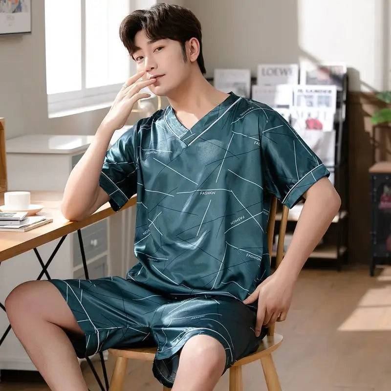 Men Ice Silk Short-Sleeved Two-Piece Loose Fit Pajamas