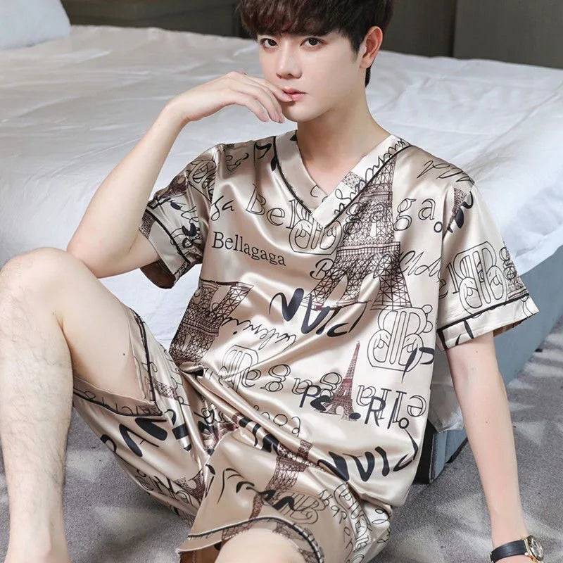 Men Ice Silk Short-Sleeved Two-Piece Loose Fit Pajamas