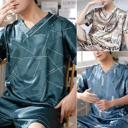 Men Ice Silk Short-Sleeved Two-Piece Loose Fit Pajamas
