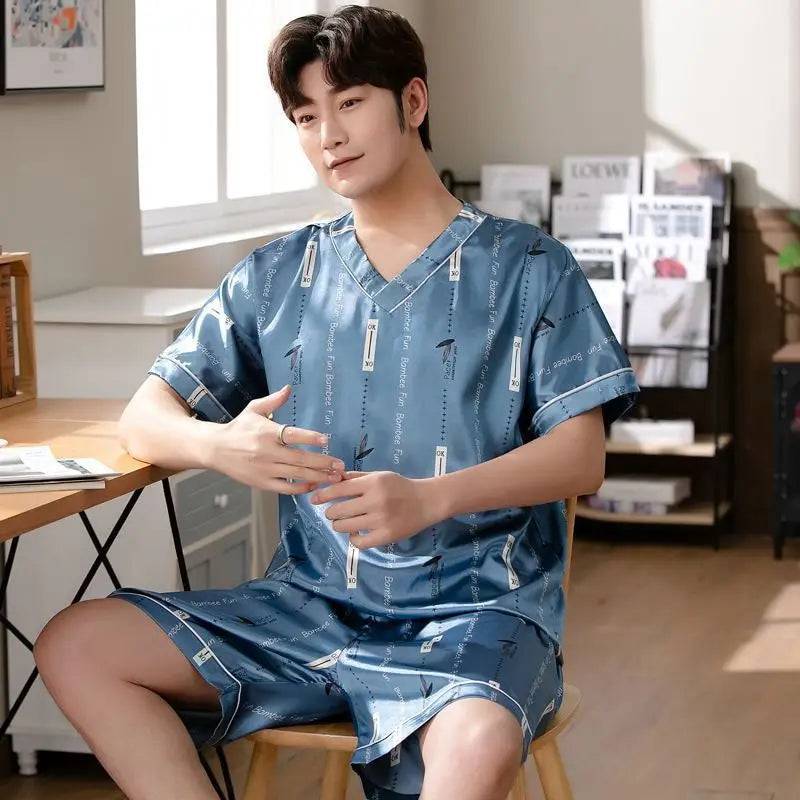 Men Ice Silk Short-Sleeved Two-Piece Loose Fit Pajamas