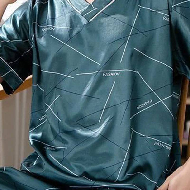 Men Ice Silk Short-Sleeved Two-Piece Loose Fit Pajamas