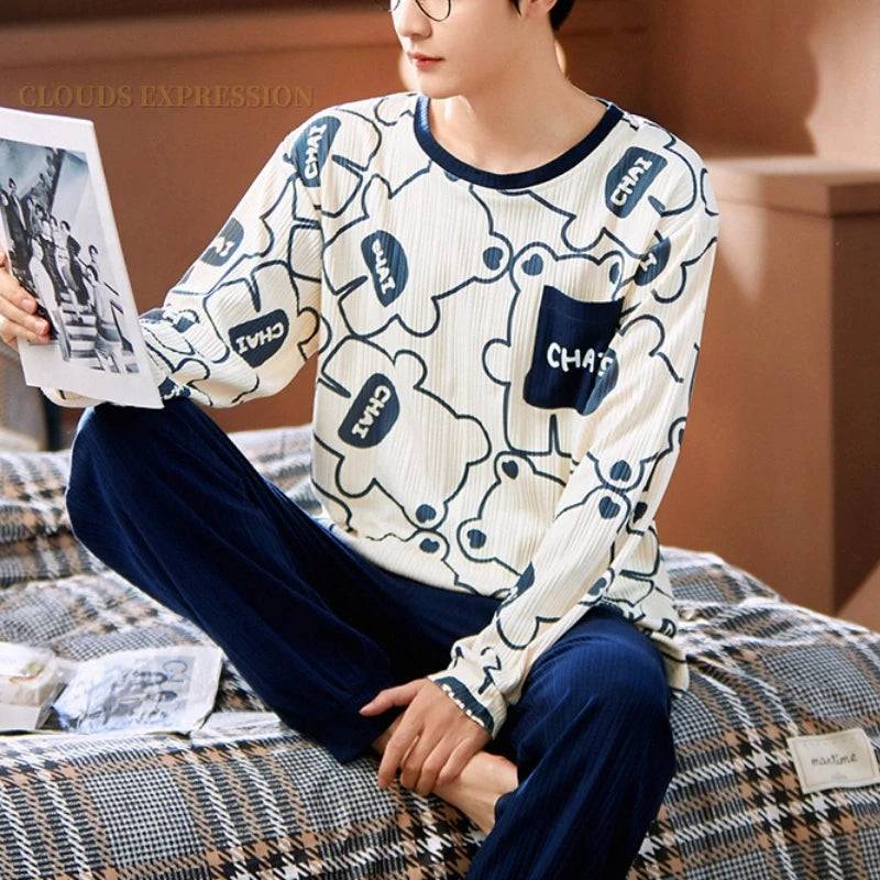 Men's Sleepwear Letter Lattice Pajamas 5XL Knitted Sets