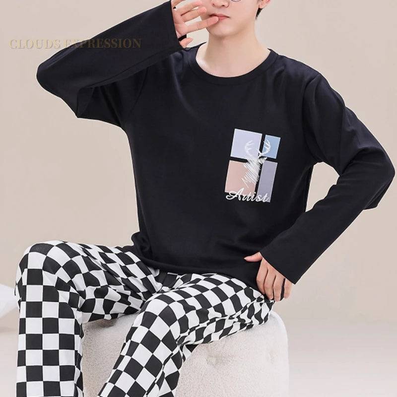 Men's Sleepwear Letter Lattice Pajamas 5XL Knitted Sets