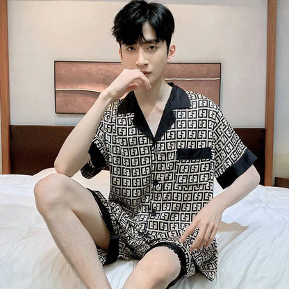 Men Thin Ice Silk Loose Fitting Home Wear Pajamas Set