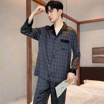 Men Thin Ice Silk Loose Fitting Home Wear Pajamas Set