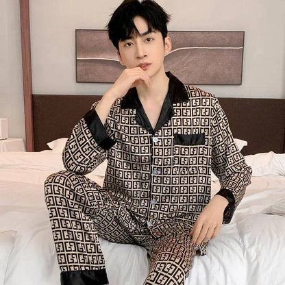 Men Thin Ice Silk Loose Fitting Home Wear Pajamas Set