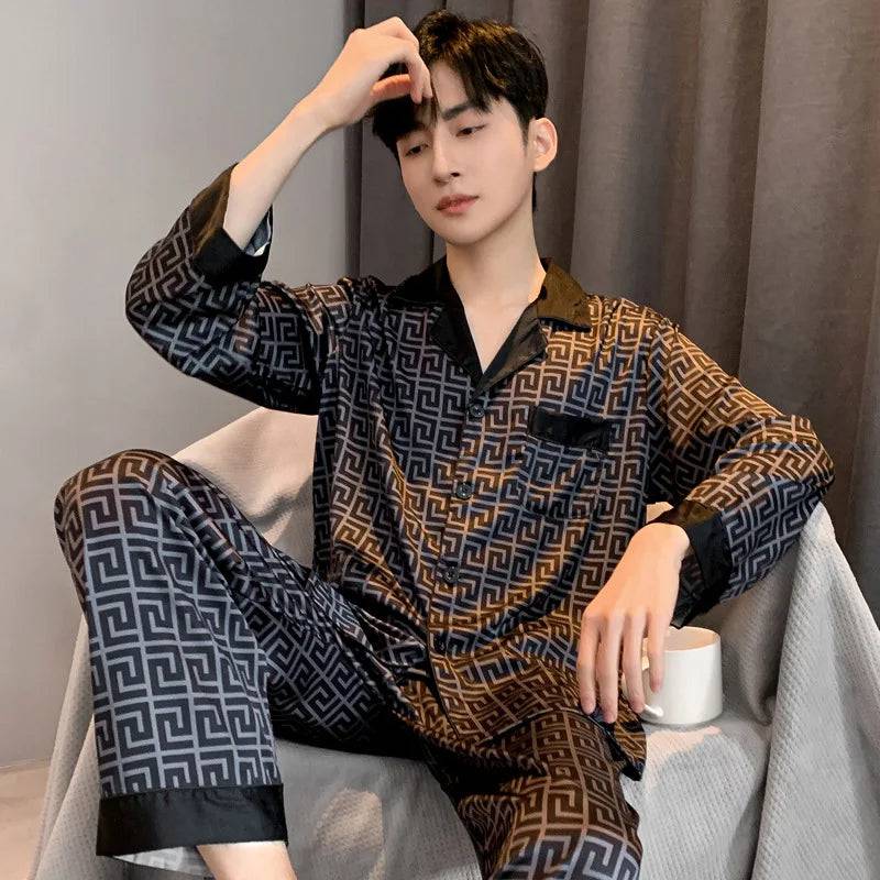 Men Thin Ice Silk Loose Fitting Home Wear Pajamas Set