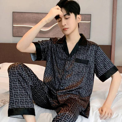 Men Thin Ice Silk Loose Fitting Home Wear Pajamas Set