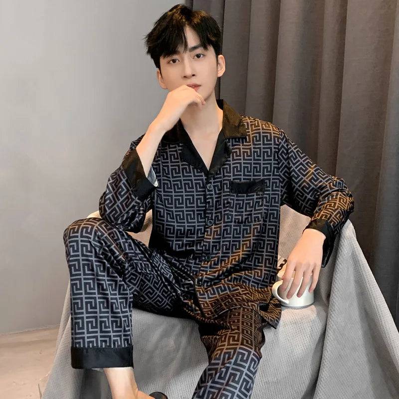 Men Thin Ice Silk Loose Fitting Home Wear Pajamas Set