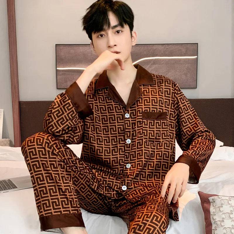 Men Thin Ice Silk Loose Fitting Home Wear Pajamas Set