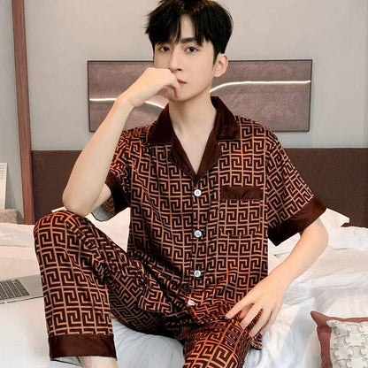 Men Thin Ice Silk Loose Fitting Home Wear Pajamas Set