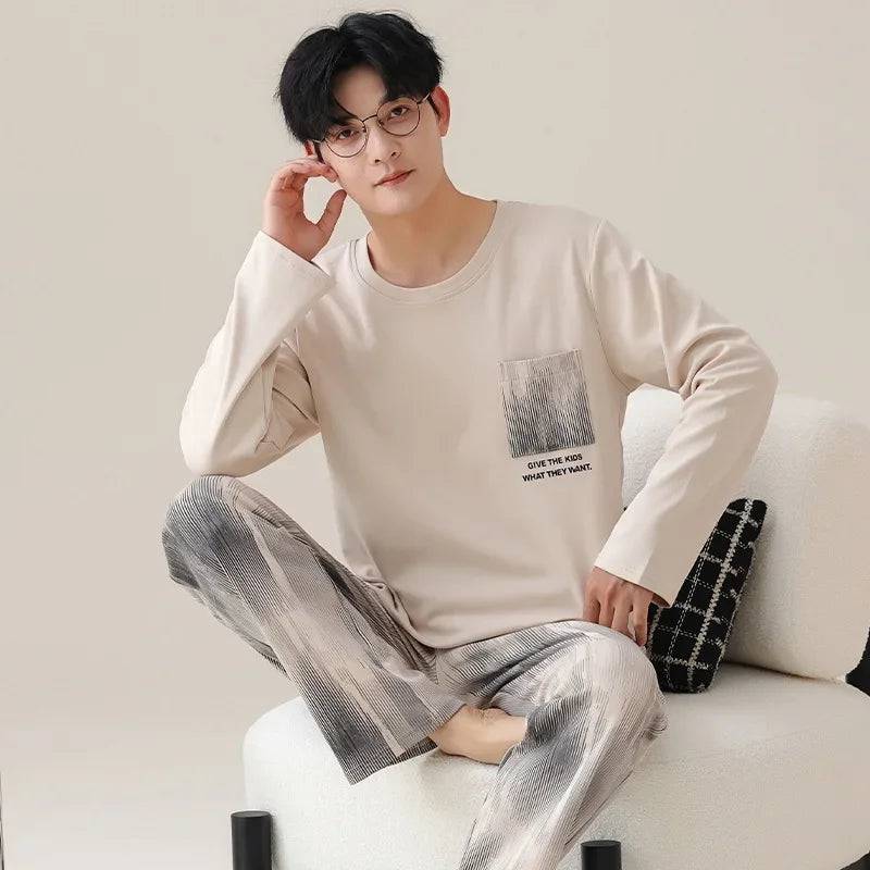 Men Cotton Long-sleeved Cotton Pajamas