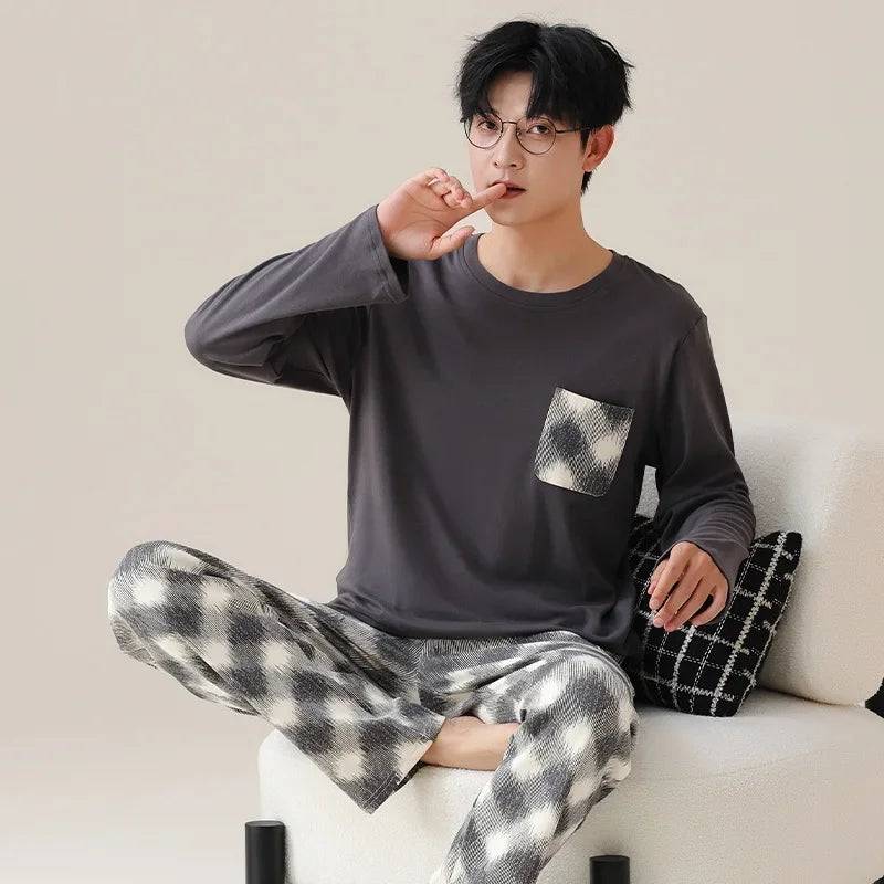 Men Cotton Long-sleeved Cotton Pajamas