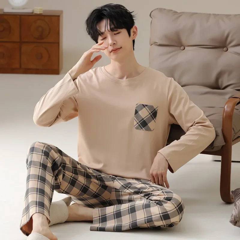 Men Cotton Long-sleeved Cotton Pajamas