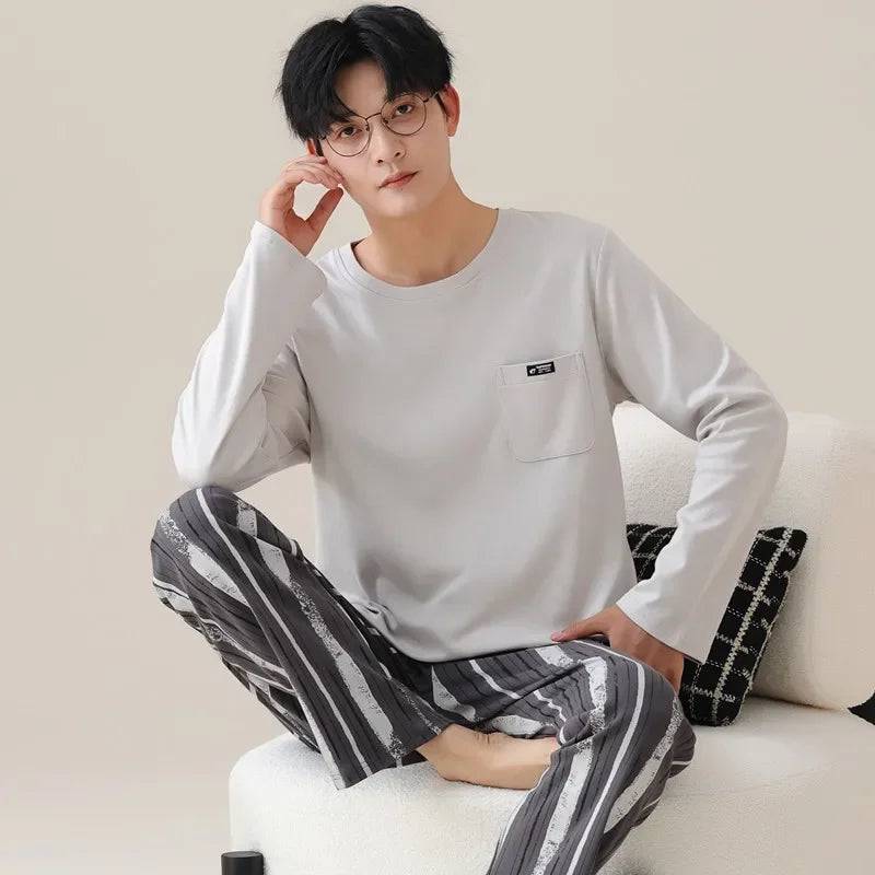 Men Cotton Long-sleeved Cotton Pajamas