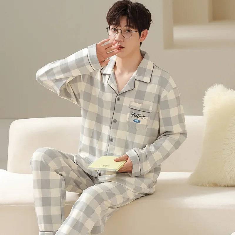 Men's Pajamas Suit Large Size Long Sleeve Loungewear Set