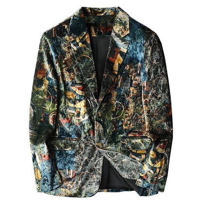 Print Men Blazers Vintage Casual Suit Jacket Slim Fit