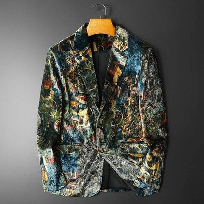 Print Men Blazers Vintage Casual Suit Jacket Slim Fit