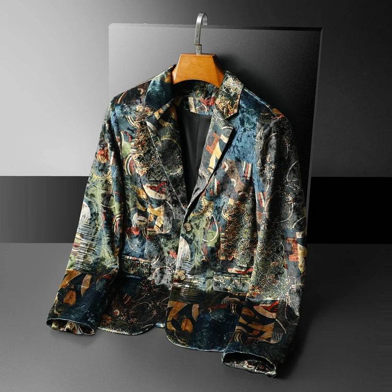 Print Men Blazers Vintage Casual Suit Jacket Slim Fit