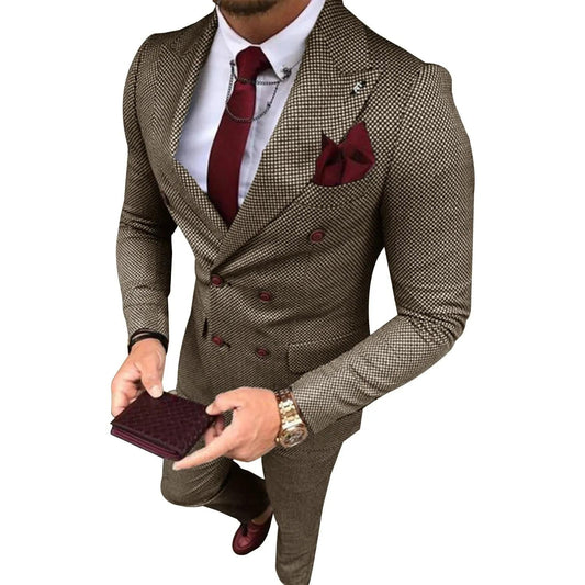 Men's Tweed Plaid Double Breasted Tuxedos Suit Set