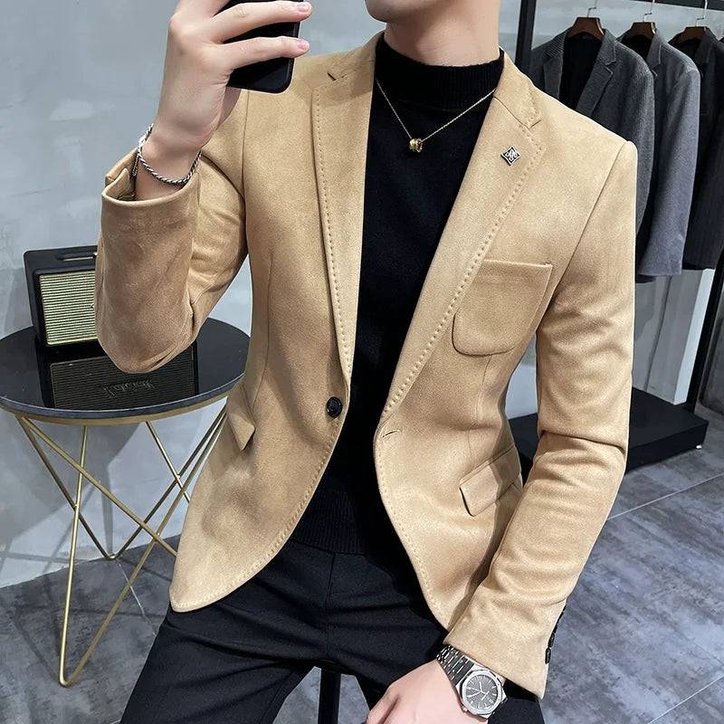 Men's Deerskin Fleece Blazer Slim Fit Single Button Jacket Suit