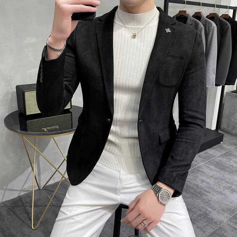 Men's Deerskin Fleece Blazer Slim Fit Single Button Jacket Suit