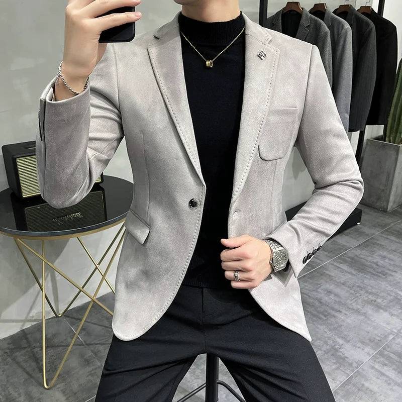 Men's Deerskin Fleece Blazer Slim Fit Single Button Jacket Suit