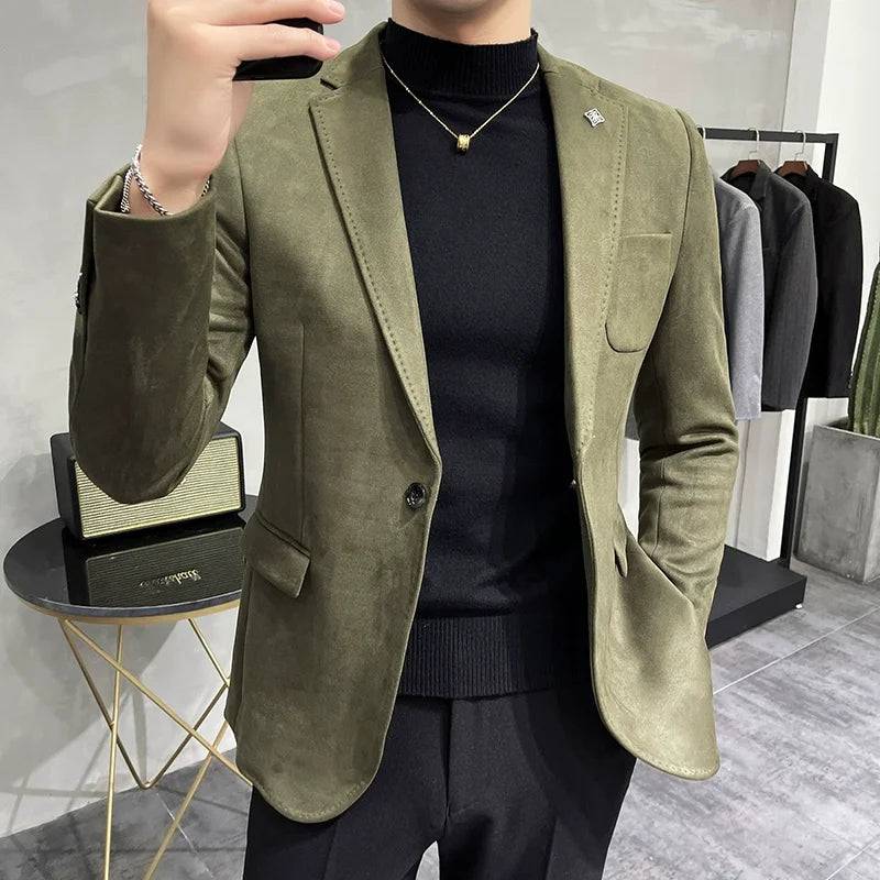 Men's Deerskin Fleece Blazer Slim Fit Single Button Jacket Suit