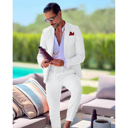 Linen single breasted men's suit two-piece summer jacket pants slim fit casual business wedding groom tailcoat formal work wear - Xmaker