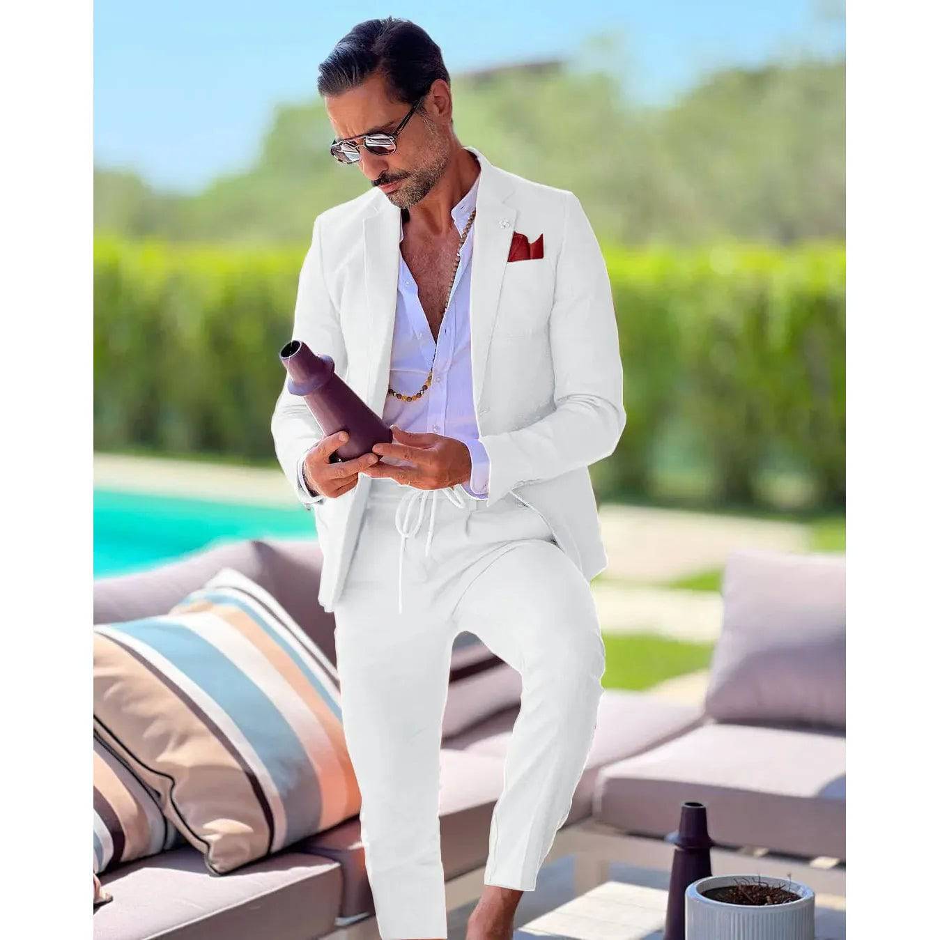 Men's Linen single breasted suit two-piece slim fit casual business wedding groom