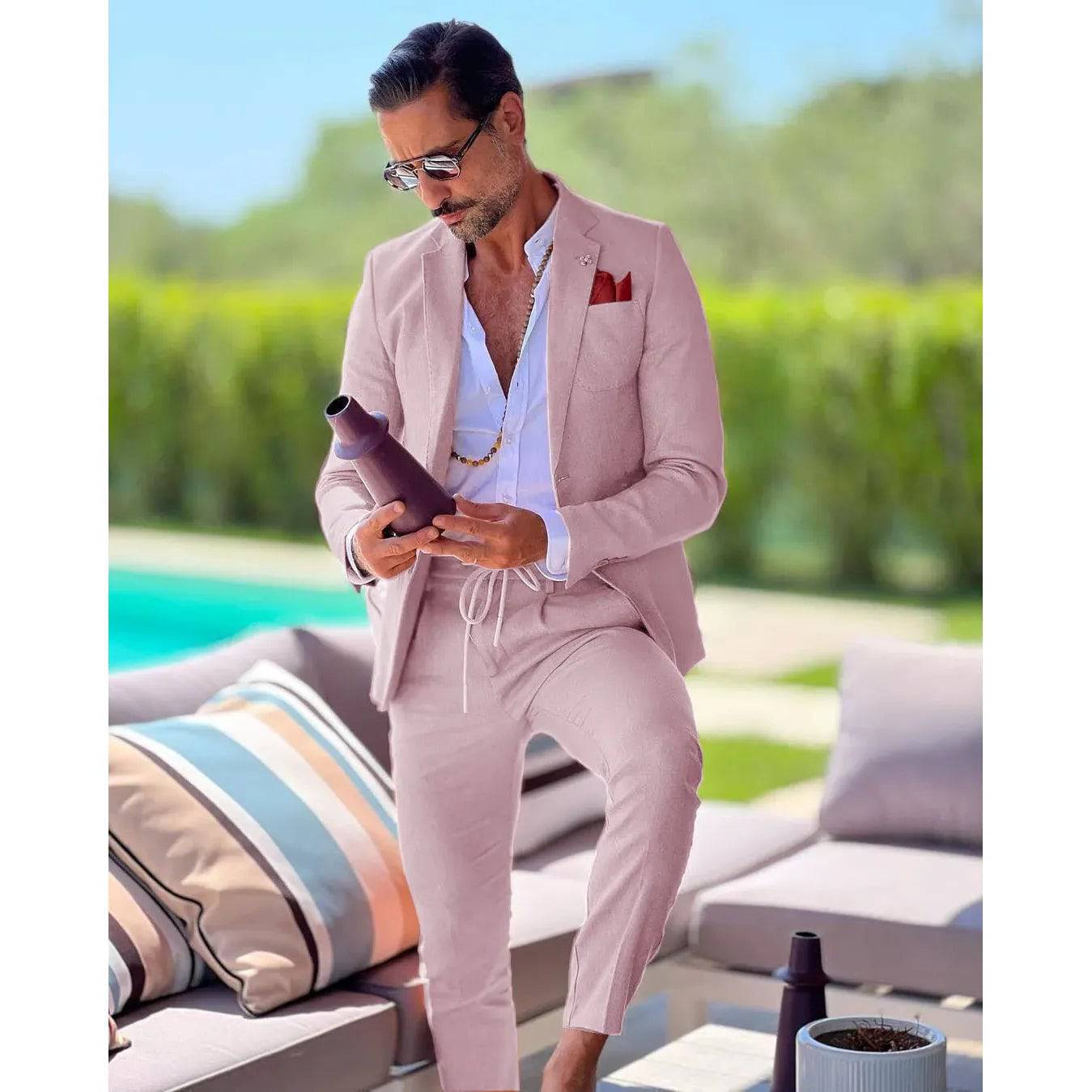 Men's Linen single breasted suit two-piece slim fit casual business wedding groom