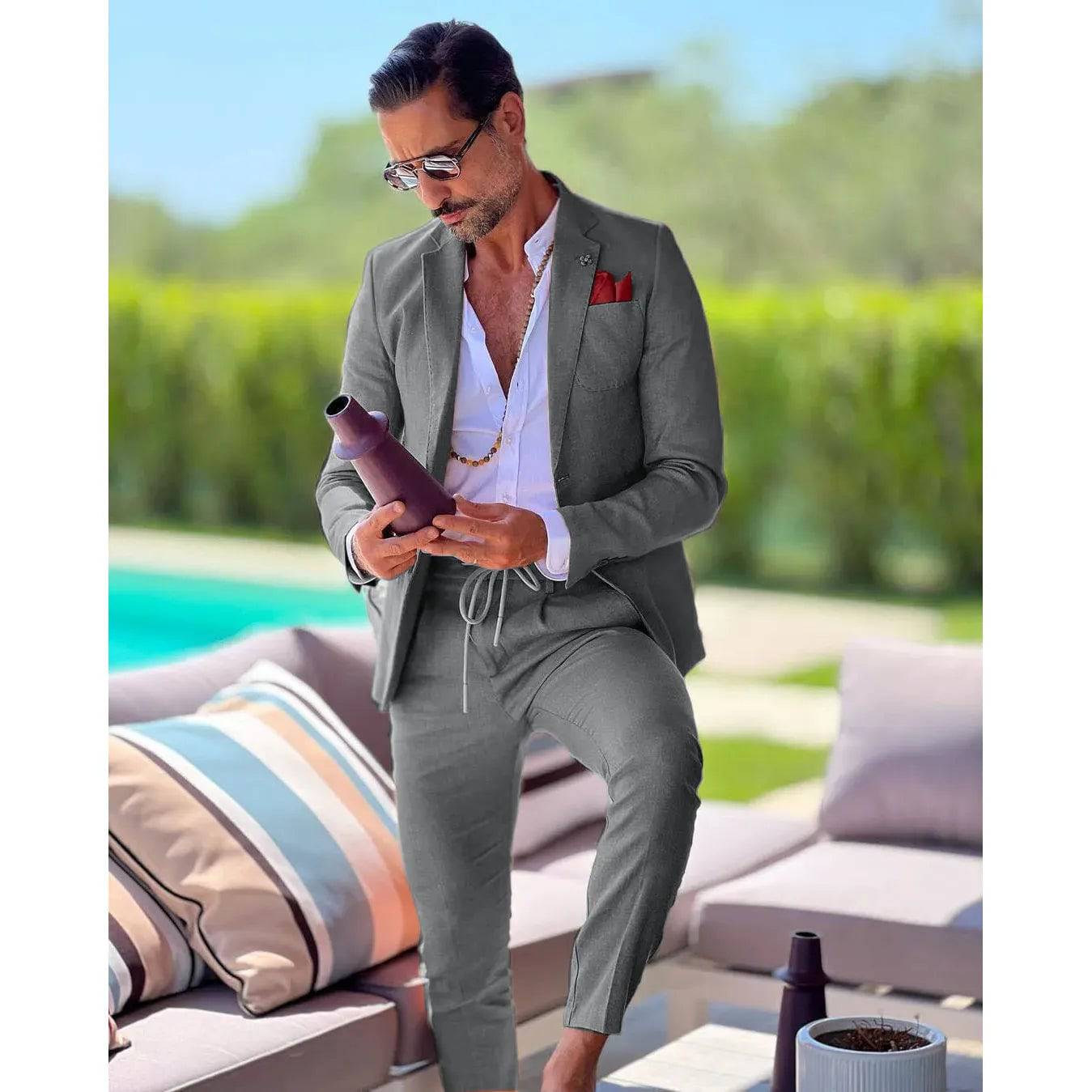 Men's Linen single breasted suit two-piece slim fit casual business wedding groom